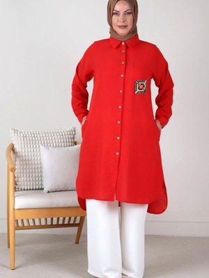 Mercan Büyük Beden Ahşap Detaylı Tunik