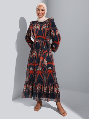Petrol Desenli Ve Astarlı Şifon Elbise