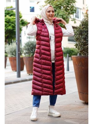 Vişne Uzun Yakası Kürklü Dolgu Yelek