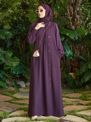 Mürdüm Düğme Detaylı Ferace