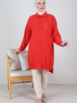 Mercan Büyük Beden Taş İşlemeli Keten Aerobin Tunik