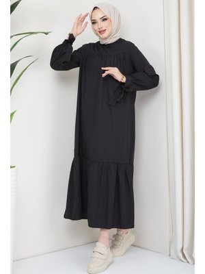 Siyah Robalı Kol Ucu Bağlamalı Elbise