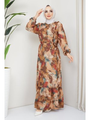 Camel Büyük Beden Fırfırlı Baskılı Elbise