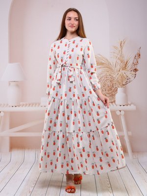 Desenli Keten Elbise Ananas Oranj Desenli Keten Elbise Ananas Oranj