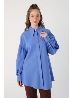 Mavi Oversize Sivri Yaka Pamuklu Gömlek Tunik