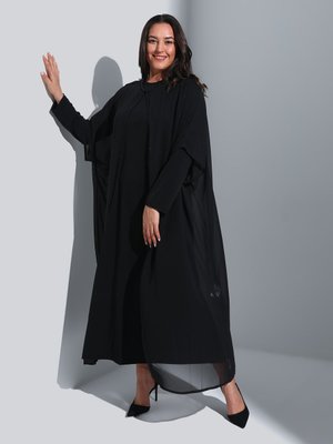 Siyah Büyük Beden Boncuk Detaylı Ferace & Elbise Abiye Takım