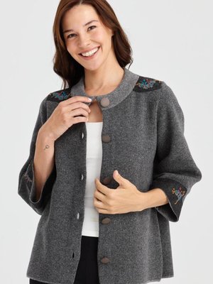 Füme Dik Yaka Omzu Ve Kolu Keçe İşlemeli Yün Ceket Füme Dik Yaka Omzu Ve Kolu Keçe İşlemeli Yün Ceket