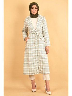 Haki Geniş Yaka Şanel Kumaş Kaşe Kaban