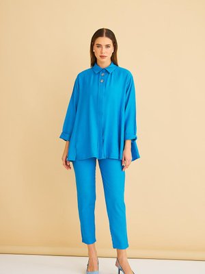 Mavi Afra Taş İşlemeli Keten Dokuma Gömlek Pantolon Takım