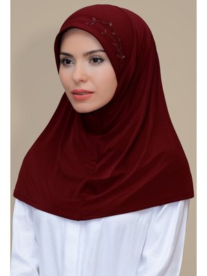 Bordo Pratik Hazır Geçmeli Eşarp Sandy Kumaş Elişi Çiçek İşlemeli Laleli