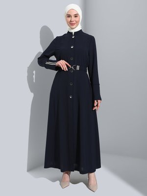 Lacivert File Kapüşonlu Şerit Detaylı Astarsız Pardesü