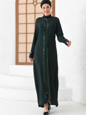 Zümrüt Yeşili Payet Şeritli Ferace