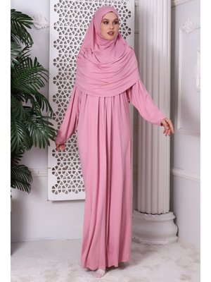 Pembe Tek Parça Pratik Başörtülü Robalı Namaz Elbisesi
