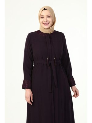 Mürdüm Yakası Ve Kolu Dantel Detaylı Büyük Beden Yazlık Ferace