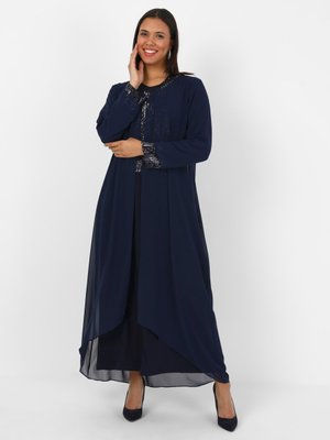 Lacivert Pul Payet Detaylı Büyük Beden Abiye Elbise