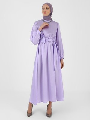 Lila Beli Lastikli Saten Elbise