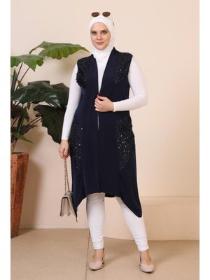 Lacivert Kadin Buyuk Beden Pulpayetli Siyah Yelek Uzun