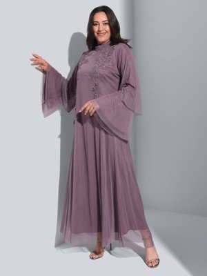 Koyu Lila Büyük Beden Çiçek Nakışlı Abiye Elbise