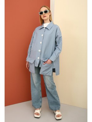 Mavi Asimetrik Cep Detaylı Ceket