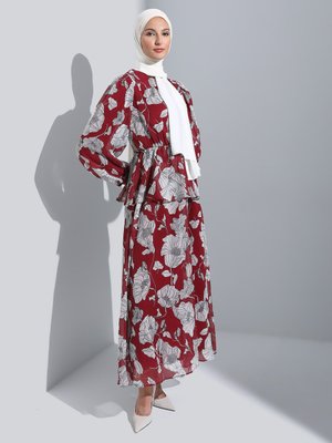 Bordo Çiçek Desenli Astarlı Beli Lastikli Şifon Elbise