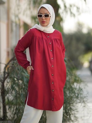 Bordo Yandan Cepli Düğmeli Tunik Bordo Yandan Cepli Düğmeli Tunik