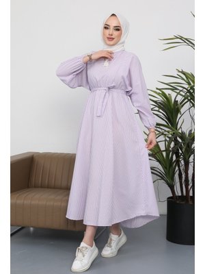 Lila Yarasa Kol Çizgi Desen Kuşaklı Gofre Elbise Lila Yarasa Kol Çizgi Desen Kuşaklı Gofre Elbise