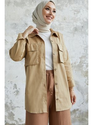 Bej Marley Torba Cep Detay Ceket