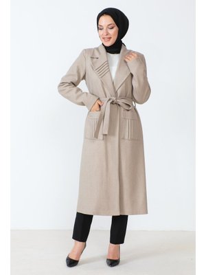 Bej Beli Kuşaklı Kaşe Kaban Bej Beli Kuşaklı Kaşe Kaban