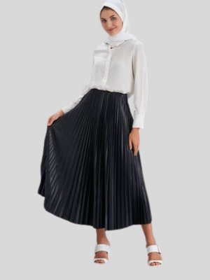 Lacivert Beli Lastikli İnce Piliseli Astarsız Uzun Etek