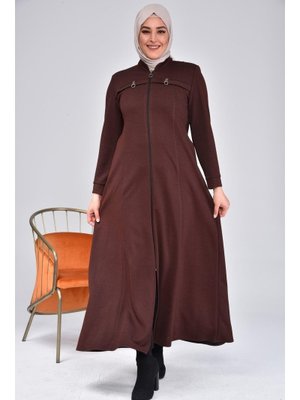 Kahverengi Kadin Buyuk Beden Fermuarlı Kislik Kaban Pardesü