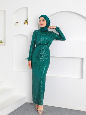 Yeşil Miyana Kol Tüylü Abiye Elbise