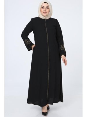 Siyah Nakışlı Gizli Fermuarlı Ferace