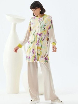 Yeşil Bej Özgün Desen Düşükkol Sandy Takım