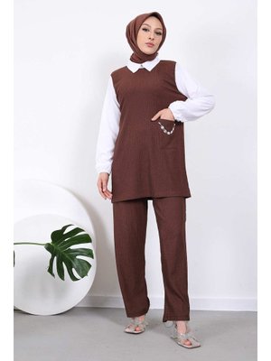 Kahverengi Cep Zincirli Bürümcük Tunik Pantolon Takım