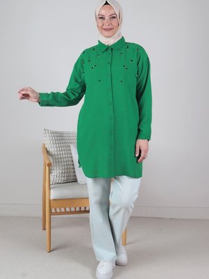 Benetton Büyük Beden Taş İşlemeli Keten Aerobin Tunik