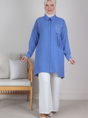 Mavi Büyük Beden Güpür Detaylı İşlemeli Tunik