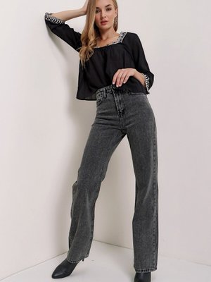 Füme Kar Yıkama İspanyol Paça Mom Jean Kot Pantolon