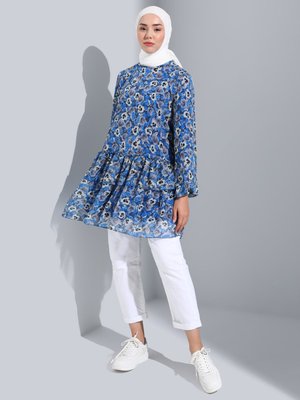 Çiçek Desenli Astarlı Şifon Tunik Saks Çiçek Desenli Astarlı Şifon Tunik Saks