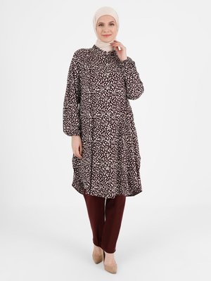 Mürdüm Düğme Detaylı Desenli Büyük Beden Viskon Tunik