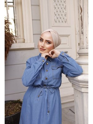 Tünel Detaylı Açık Kot Elbise