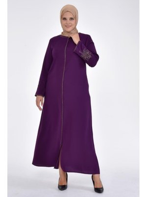 Nakışlı Gizli Fermuarlı Ferace Mor