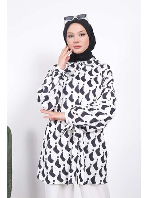 Siyah Kol Bağlamalı Desenli Bürümcük Gömlek