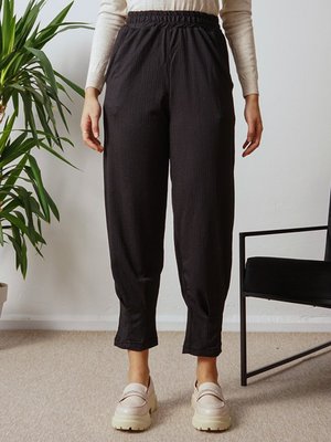 Siyah Kumaş Beli Lastikli Cepli Pantolon
