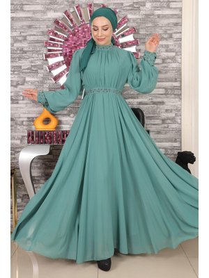 Taş Detaylı Şifon Abiye Elbise Mint Taş Detaylı Şifon Abiye Elbise Mint