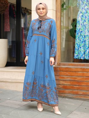 Sulu Desenli Elbise Koyu İndigo