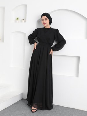 Siyah Çapraz Şifon Abiye Elbise