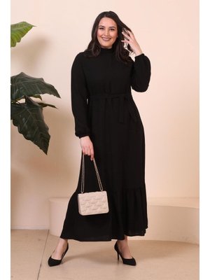 Siyah Buyuk Beden Uzun Kollu Kadin Tesettur Elbise Piliseli