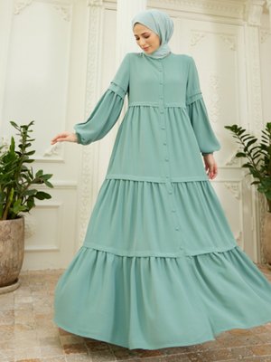 Mint Yeşili Boydan Düğmeli Elbise