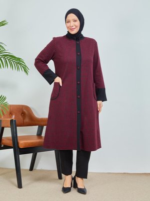 Bordo Kazayağı Desenli Boydan Düğmeli Kap