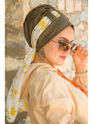 Çiçekli Fularlı Bone Haki Ekru